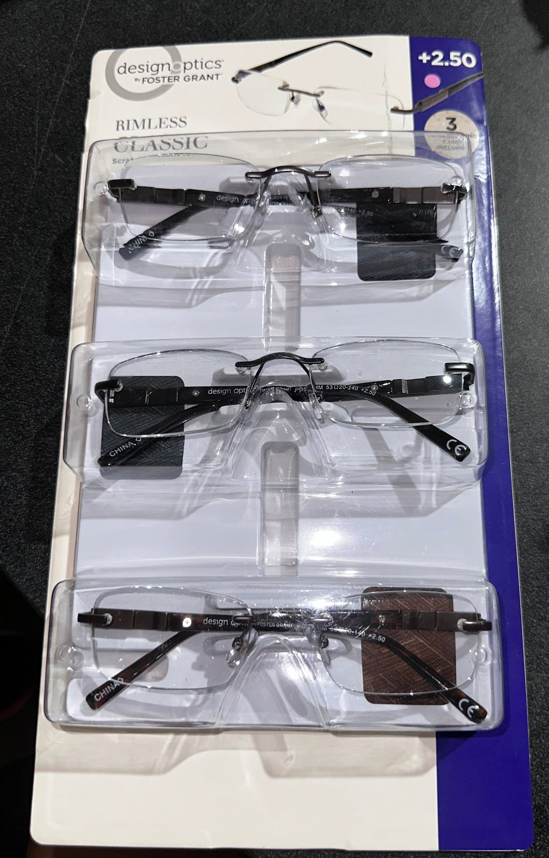 Design Optics Semi-Rimless Metal Reading Glasses 3PK +2.50 (new)