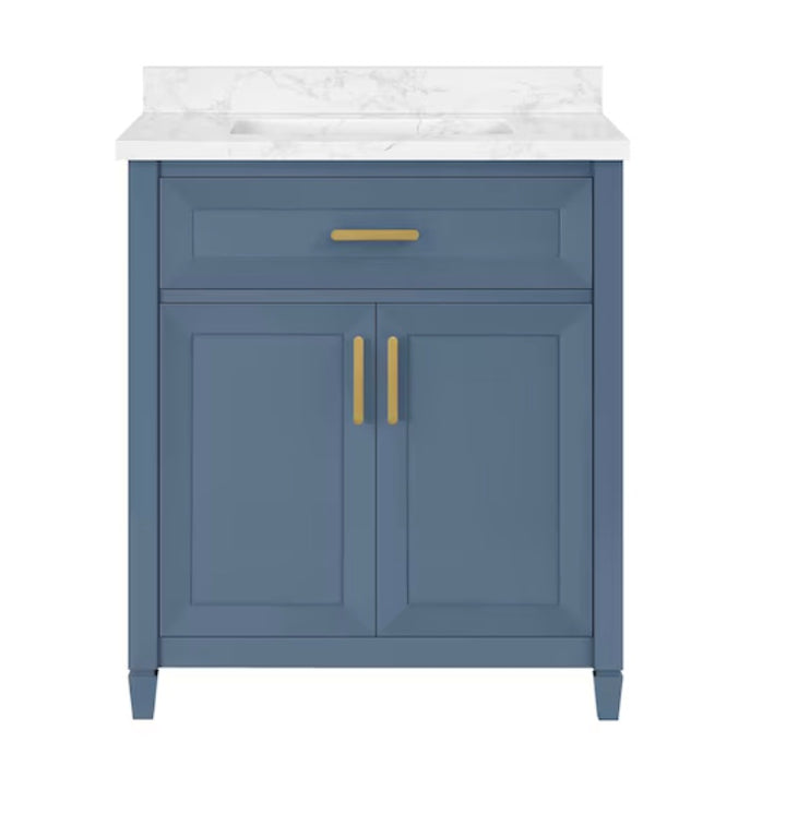 Mueble de baño Allen + Roth Lancashire de 30 pulgadas con lavabo bajo encimera en azul Chambray y encimera de piedra artificial blanca (dañado)