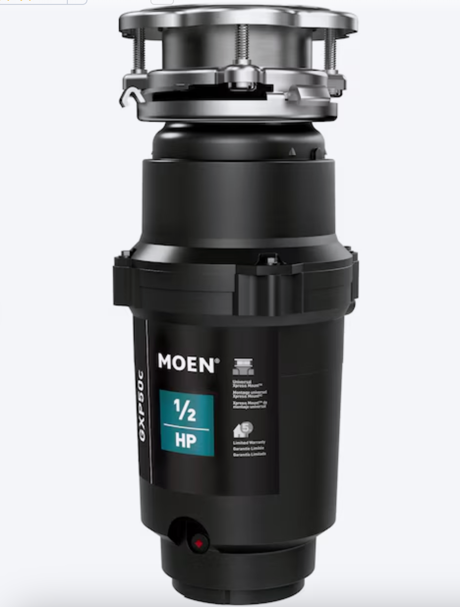 Triturador de alimentos Moen Prep para debajo del fregadero, alimentación continua, 1/2 HP, con cable y seguro para fosas sépticas