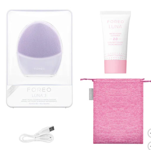 Dispositivo de masaje facial limpiador y reafirmante FOREO LUNA 3 + limpiador espumoso de 0.67 fl oz (nuevo)