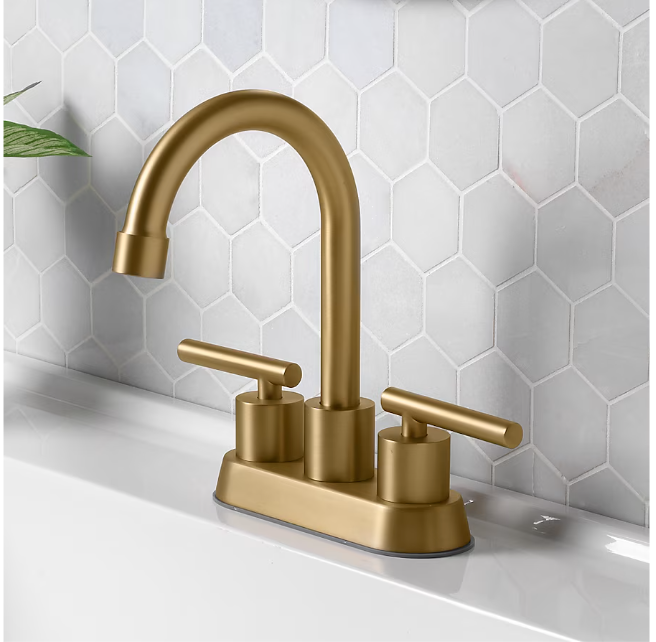 Project Source Larton Brushed Gold 4-in centerset 2-handle WaterSense High-arc Residential Handle Bathroom Sink Faucet with Drain with Deck Plate (open box)