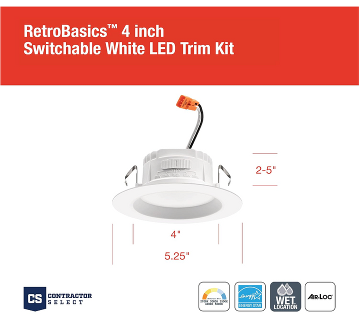 Marco de luz empotrable liso blanco LED integrado CCT seleccionable Contractor Select RB4S de 4 pulgadas