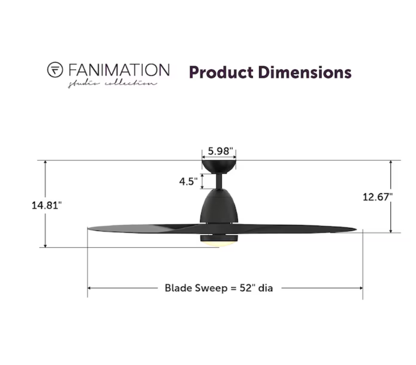 Ventilador de techo Fanimation Studio Collection Prop de 52 pulgadas, color negro, con LED integrado que cambia de color, para interiores y exteriores, con hélice, luz y control remoto (3 aspas) (caja abierta)