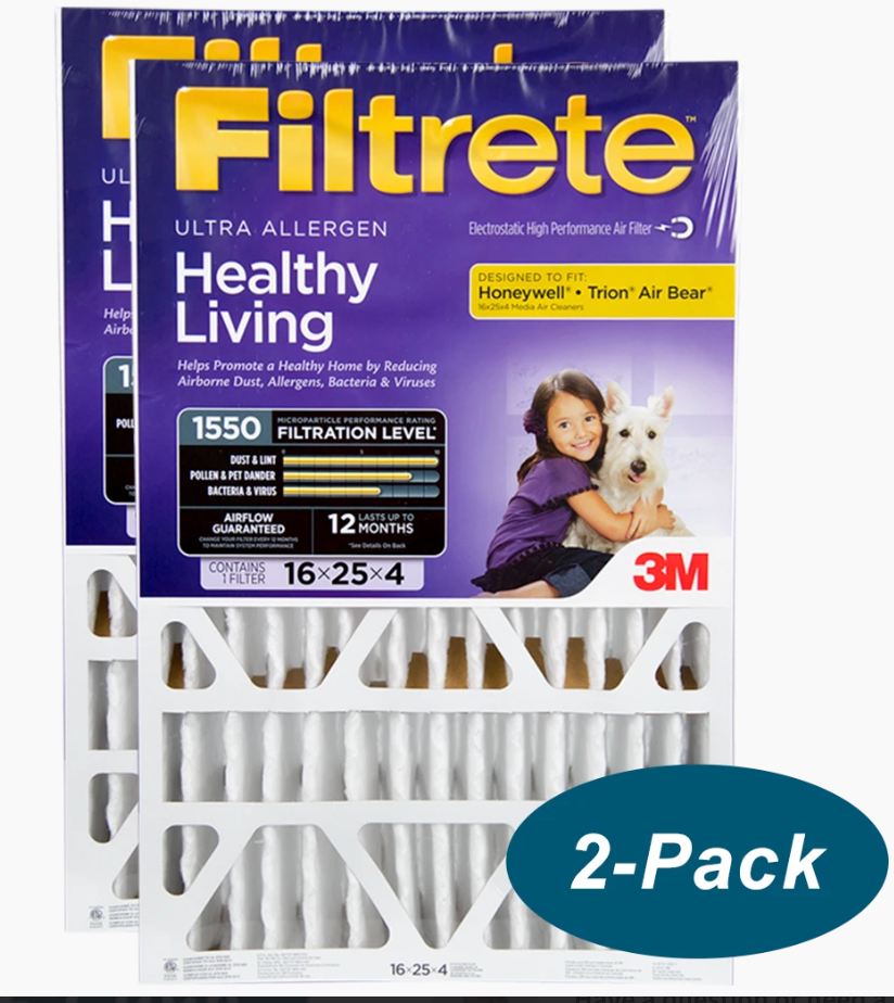 Filtrete 16x25x4, AC Furnace Air Filter, MPR 1550 DP, Healthy Living Ultra Allergen Deep Pleat, 2-Pack (actual dimensions 15.88 x 24.56 x 4.31)open box)