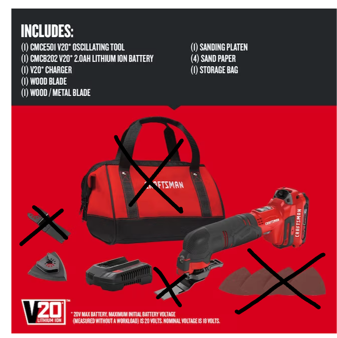 CRAFTSMAN V20 - Herramienta multiusos oscilante inalámbrica de 20 voltios máx., con velocidad variable, de 11 piezas y estuche blando (caja abierta)