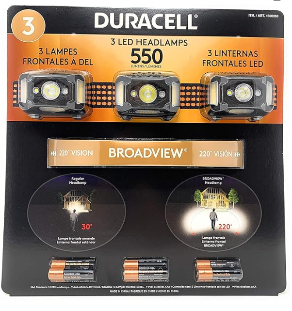 Linterna frontal LED Duracell de 500 lúmenes (paquete de 3) (nueva)