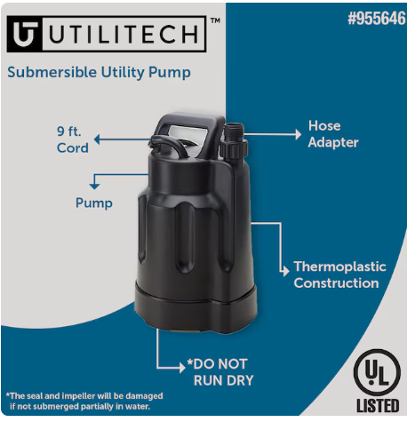 Bomba sumergible termoplástica Utilitech de 1/6 HP, 115 V y 25 GPM (caja abierta)