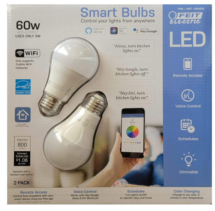 Bombillas LED inteligentes FEIT Electric Wi-Fi, regulables y que cambian de color, 60 W, paquete de 2, blancas (nuevas)