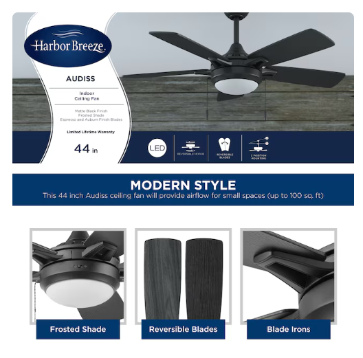 Ventilador de techo estándar Harbor Breeze Audiss de 44 pulgadas, color negro mate, con aspas color espresso/caoba, luz LED integrada que cambia de color, montaje en varilla, para interiores (5 aspas) (caja abierta)