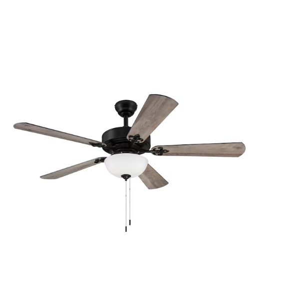 Ventilador de techo Harbor Breeze Payton de 52 pulgadas, color negro mate con aspas de roble oscuro/nogal, para interiores, con varilla baja o montaje empotrado, con luz (5 aspas) (caja abierta)