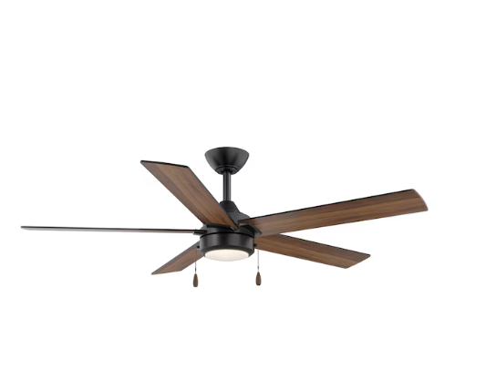 Ventilador de techo Minka Lisbourne de 52 pulgadas, color negro mate, con aspas en arce mediano y nogal oscuro, con luz LED integrada, montaje en varilla, para interiores, estándar (5 aspas) (caja abierta)