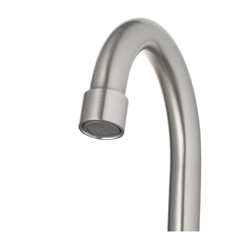 Grifo para lavabo de baño con manija residencial de arco alto WaterSense de 4 pulgadas y dos manijas, níquel cepillado, con desagüe y placa de cubierta (caja abierta)