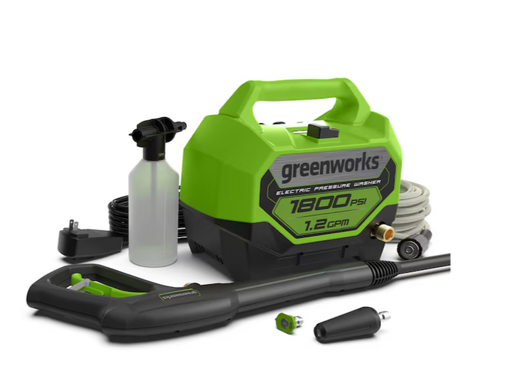 Hidrolavadora eléctrica Greenworks de 1800 PSI y 1.2 GPM con agua fría y 2 boquillas de pulverización (caja abierta)
