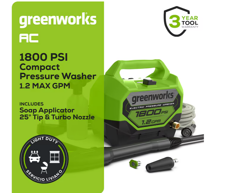 Hidrolavadora eléctrica Greenworks de 1800 PSI y 1.2 GPM con agua fría y 2 boquillas de pulverización (caja abierta)