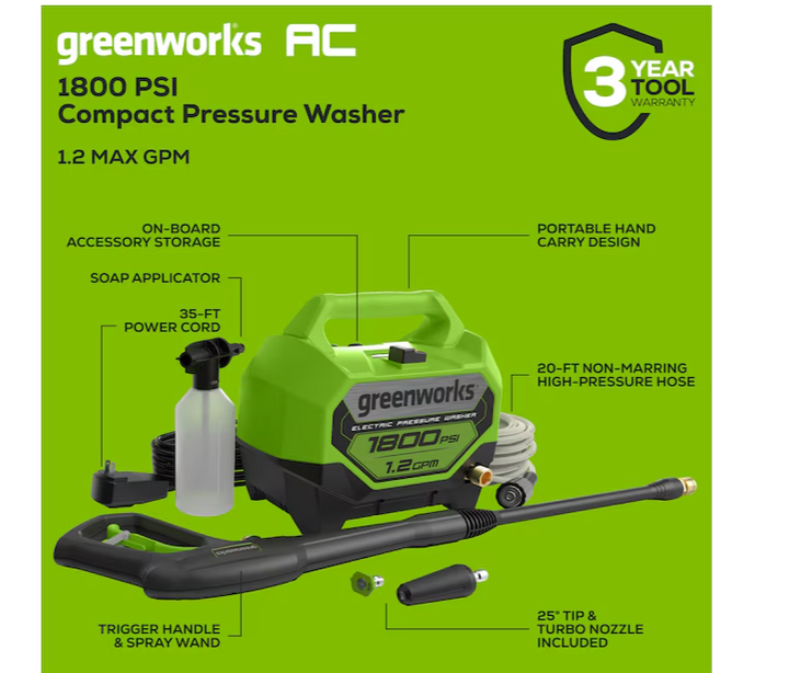 Hidrolavadora eléctrica Greenworks de 1800 PSI y 1.2 GPM con agua fría y 2 boquillas de pulverización (caja abierta)