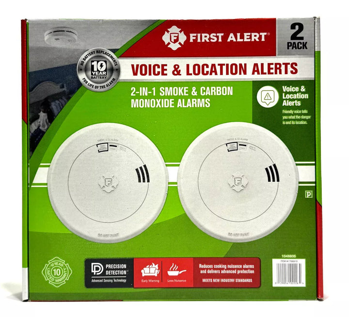 Detector de humo y alarma de monóxido de carbono inalámbrico Z-Wave 2 en 1 de First Alert, funciona con pilas (paquete de 2)