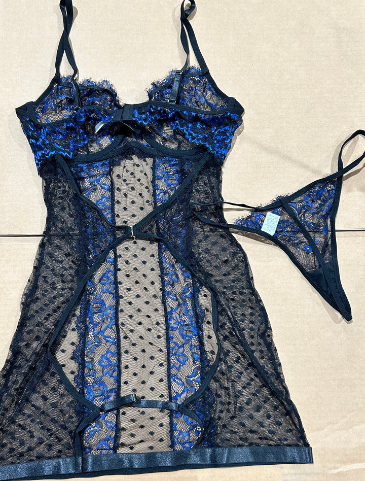 Black and Blue Sheer Lace Babydoll Lingerie Set w/ Thong, Size XL (new)