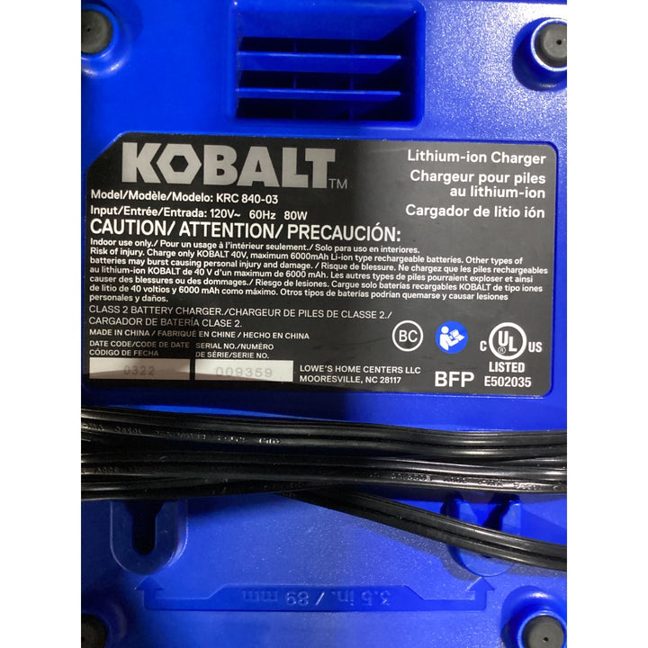 Lot # 1066 KOBALT Lithium-ion Charger KRC 840-03 - 40V MAX, 120V Input
