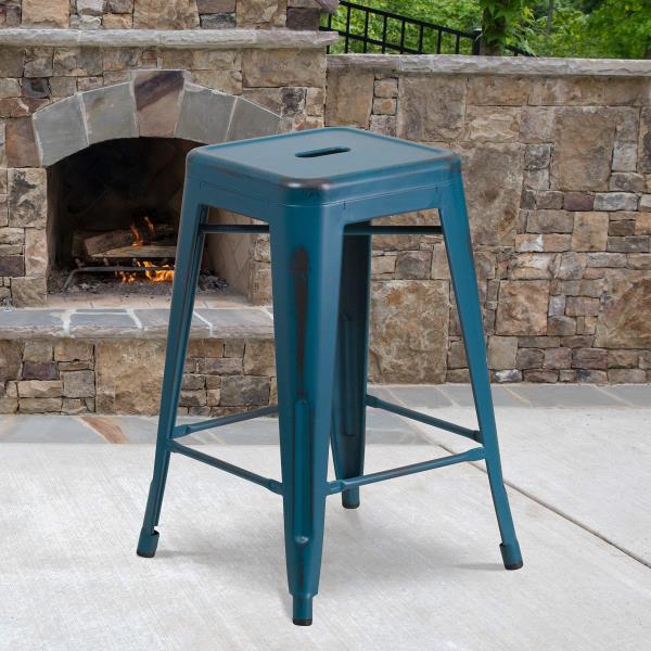 Lot # 1912 Flash Furniture Kai Commercial Grade 24" High Backless White Metal Indoor-Outdoor Counter Height Stool with Square Seat