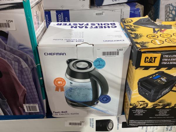 Lot # 1255 Chefman Electric Kettle, 1.8L 1500W, Hot Water Boiler, Removable Lid for Easy Cleaning, Auto Shut Off, Boil-Dry Protection, Stainless Steel Filter, BPA Free, Borosilicate Glass Electric Tea Kettle