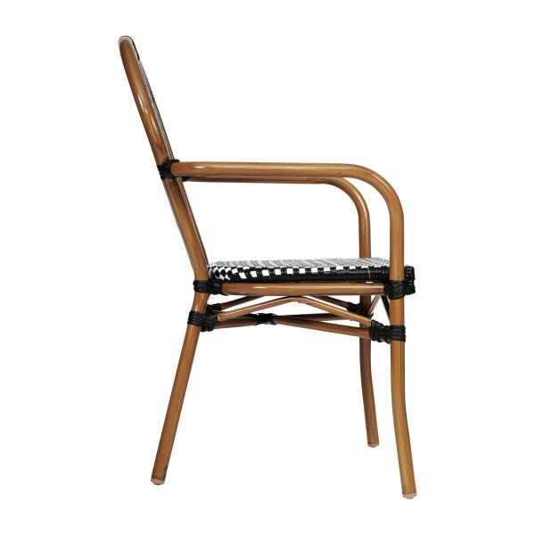 Lot # 1953 Flash Furniture Lourdes Indoor/Outdoor Commercial Thonet Bistro Stack Chair - Curved Arms - Black/White PE Rattan Back and Seat - Bamboo Print Metal Frame