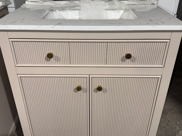 allen + roth Sandbanks 30-in Flaxen Greige Undermount Single Sink Bathroom Vanity with White Engineered Stone Top Damaged