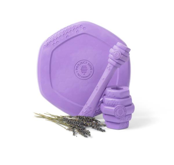 Lot # 1215 PROJECT HIVE ·PET COMPANY· - Calming Lavender Scented - Hive Frisbee Disc for Dogs - Great for Fetch - Includes a Lick mat on Back - Floats in Water, Smooth Glide - Made in The USA