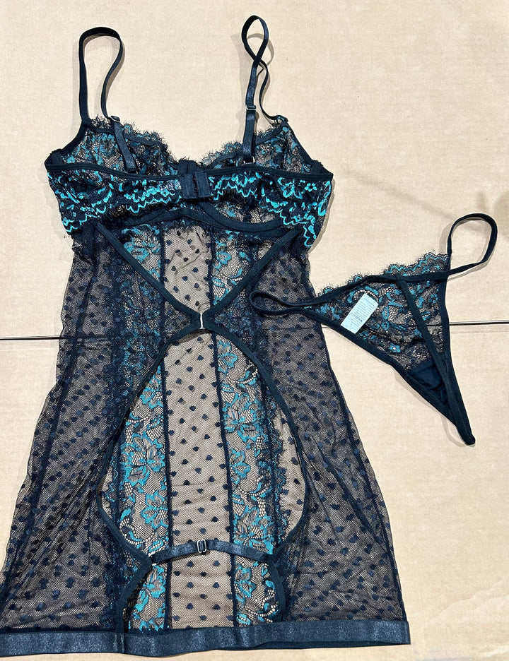Black and Teal Sheer Lace Babydoll Lingerie Set w/ Thong, Size L (new)