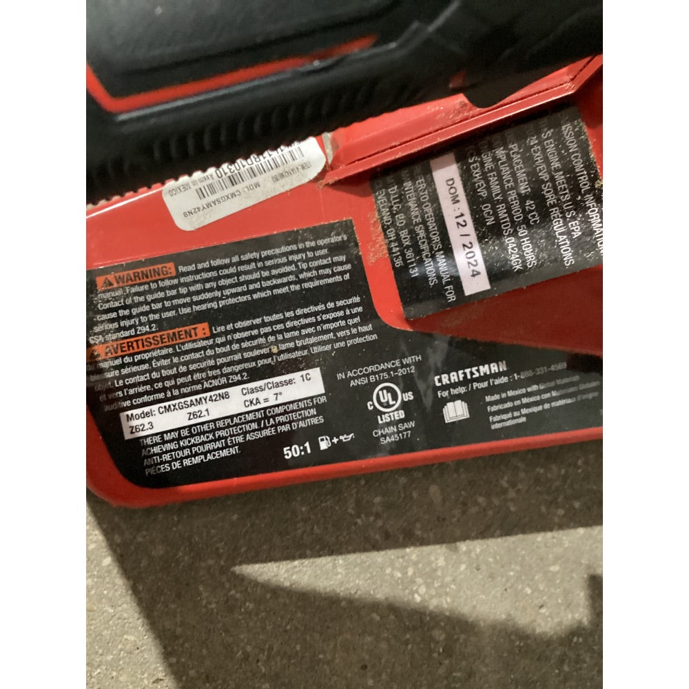 Lot # 1293 Craftsman 18-Inch Gas Chainsaw, Model CMGGXSMY42NB, Red/Black, with Bar Cover