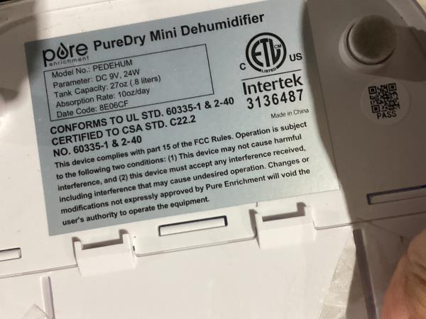 Lot # 129 Pure Enrichment PureDry Mini Dehumidifier 27oz $70