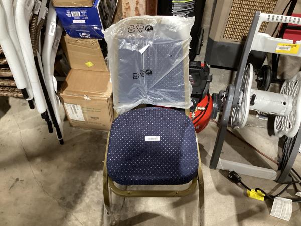 Lot # 1969 Flash Furniture HERCULES Series Trapezoidal Back Stacking Banquet Chair in Navy Patterned Fabric - Gold Frame