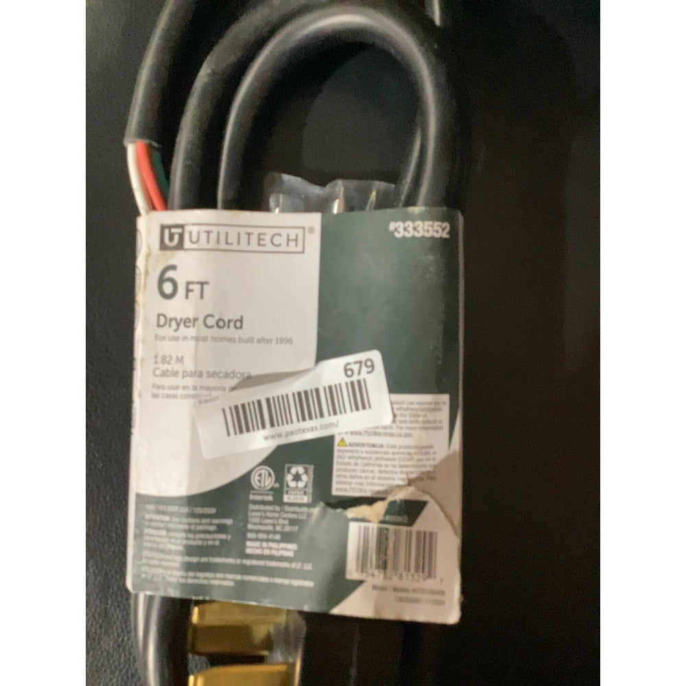 Lot # 679 UTILITECH 6 ft Dryer Cord $25.00