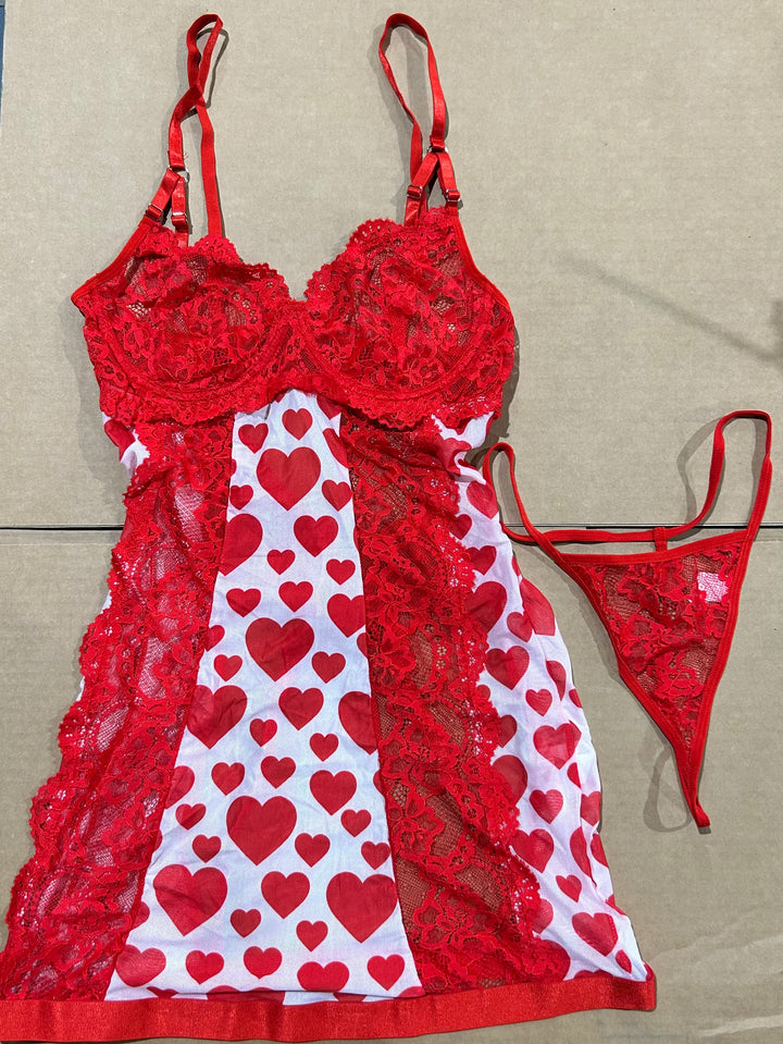 Red Heart Print Lace Babydoll Lingerie Set with Matching Thong, Size Medium (new)