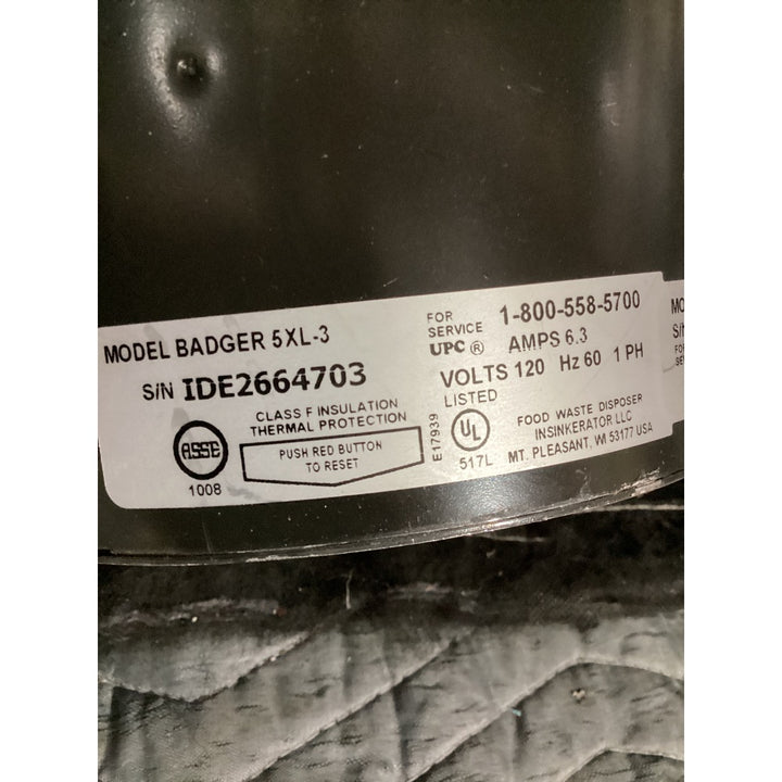Lot # 1034 InSinkErator Badger 5XL-3 Food Waste Disposer, 1/2 HP, Thermal Protection, Black