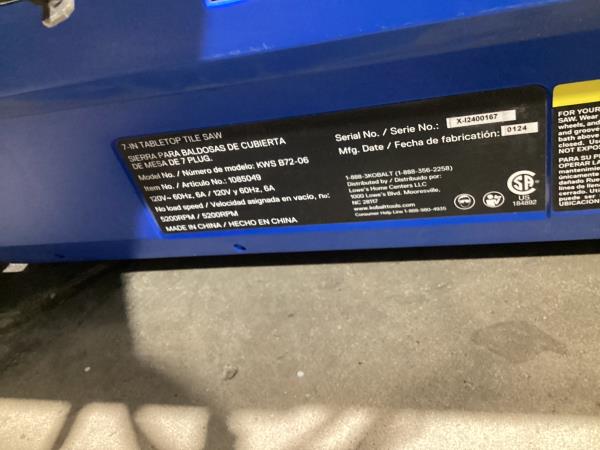 Lot # 2025 Kobalt 7" Wet Tabletop Sliding Table Tile Saw $219