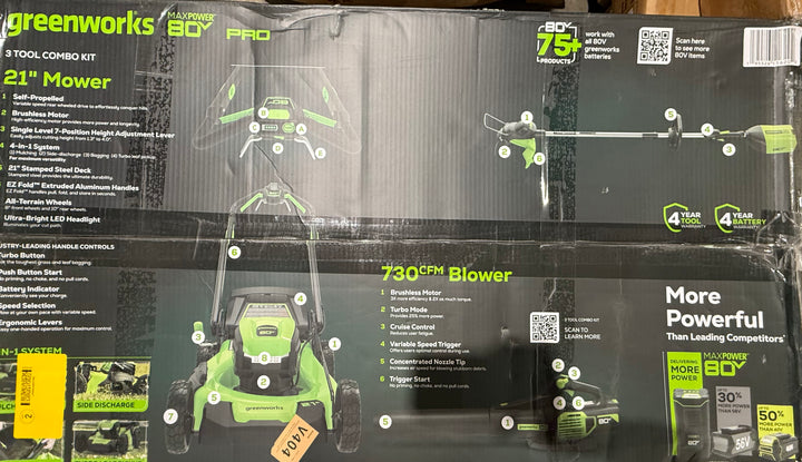 Greenworks 80V 21" Cordless Battery Brushless Self-Propelled Mower 3pc Combo Kit openbox