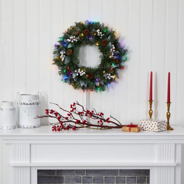 Lot # 1922 Nearly Natural 24in. Snow Tipped Artificial Christmas Wreath with 50 Multicolored LED Lights, White Berries and Pine Cones