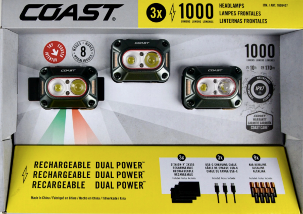 Lot # 939 Coast CH1000R 1000-Lumen Headlamp 3-Pack $49
