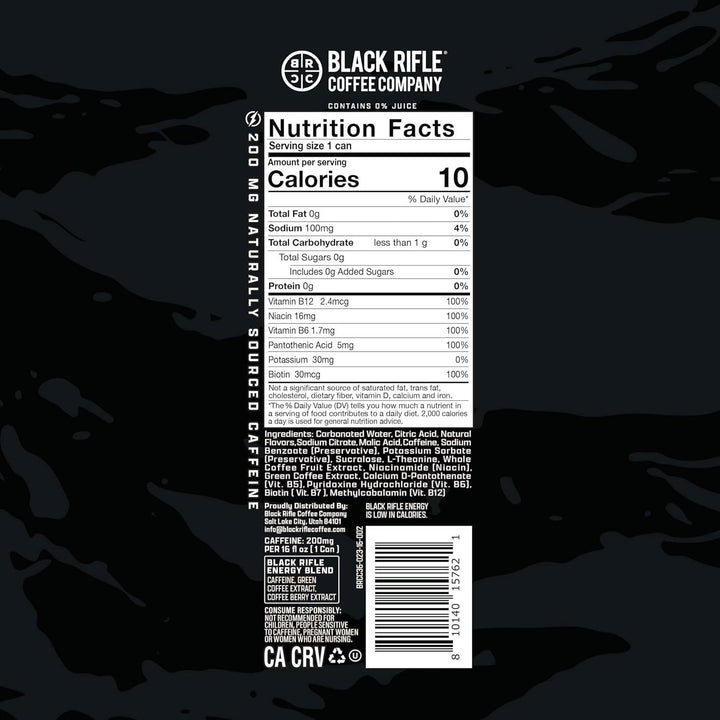 Lot # 1118 Black Rifle Zero Sugar Energy Drink 4pk $12.00
