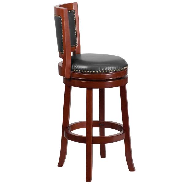 Lot # 1921 Flash Furniture Ebert 30'' High Dark Cherry Wood Barstool with Open Panel Back and Walnut LeatherSoft Swivel Seat