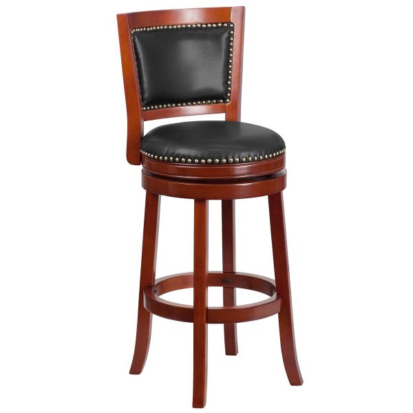 Lot # 1921 Flash Furniture Ebert 30'' High Dark Cherry Wood Barstool with Open Panel Back and Walnut LeatherSoft Swivel Seat