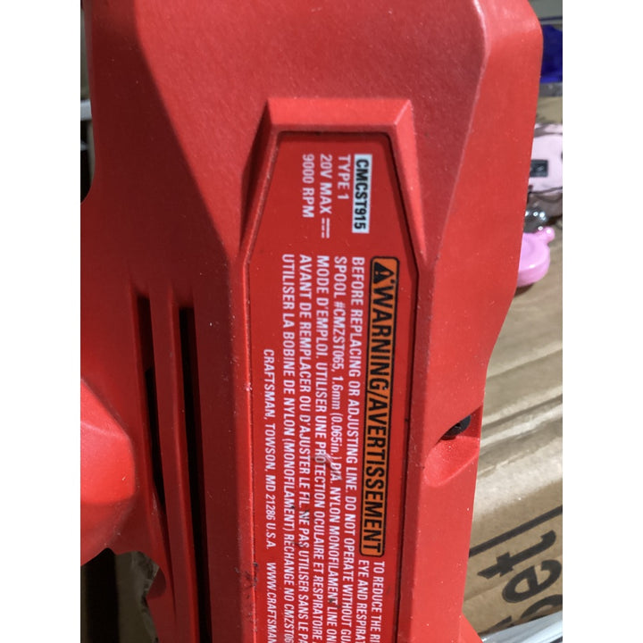 Lot # 1431 CRAFTSMAN String Trimmer CMCS7915, 20V MAX, 9000 RPM, Cordless, Red