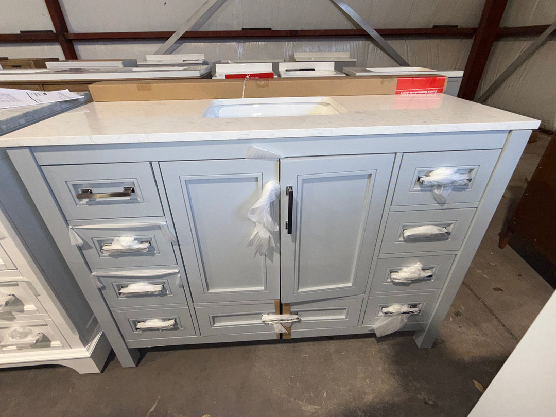 allen + roth Crest Hill 48in Muse Gray Single Sink Bathroom Vanity w Carrara Marble Top (MP only, Dont List)