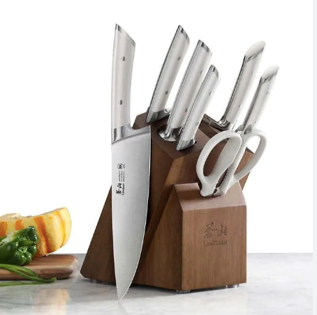 8-Piece Knife Set Acacia Block White Handles $125