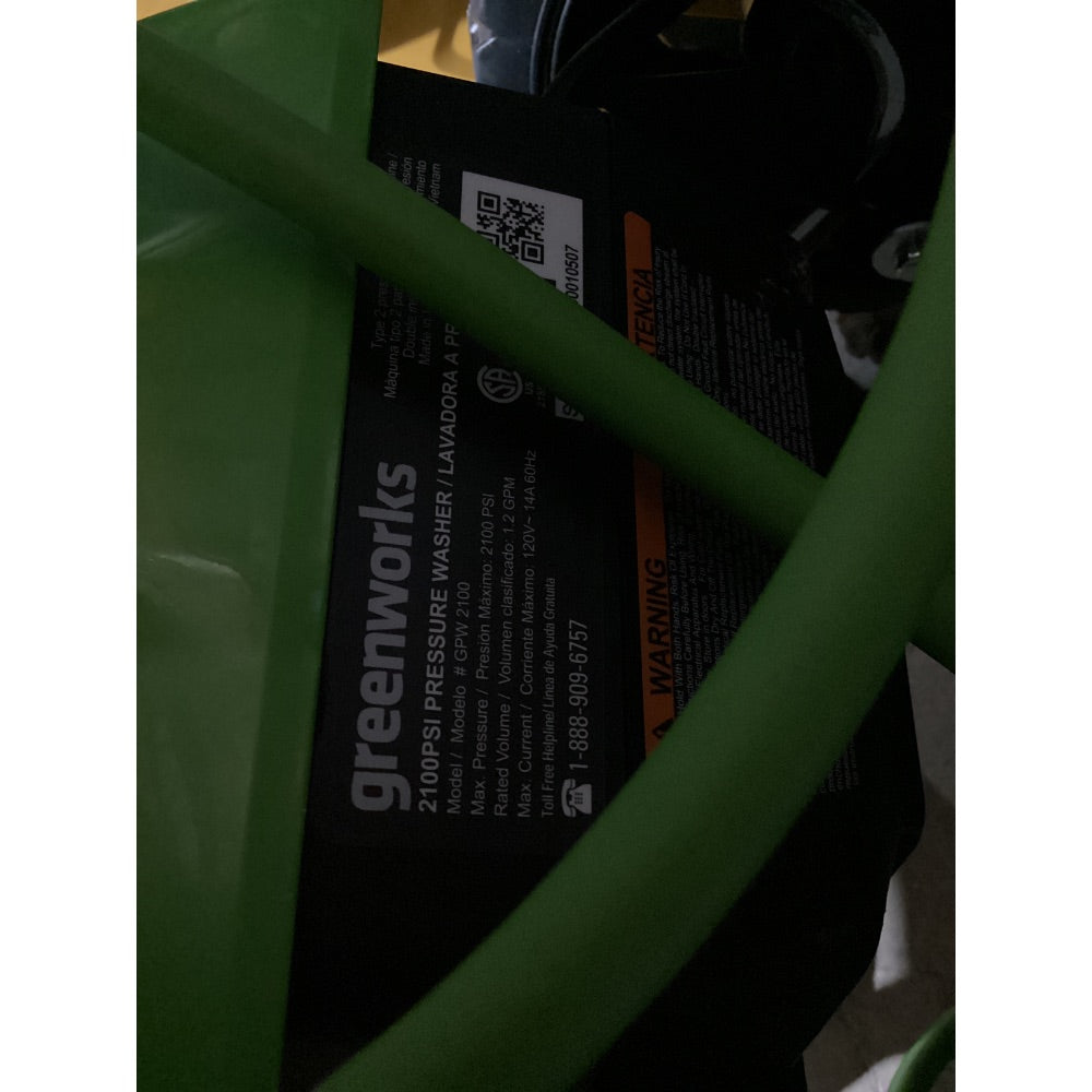 Lot # 2496 Greenworks Cold Water Electric Pressure washer$150