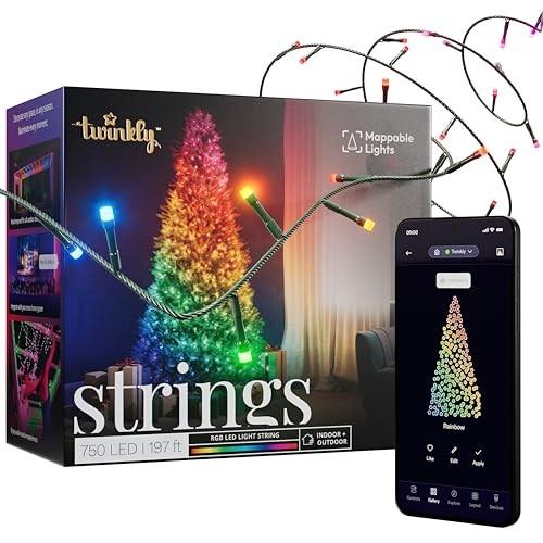 Twinkly Strings 750 LED RGB, Including White, Mappable LED Lights Outdoor and Indoor, Christmas Lights, Smart LED Lights, Mappable LEDs, Compatible with Alexa,Google Home, IP44, Green Wire, 197FT (OPEN BOX)