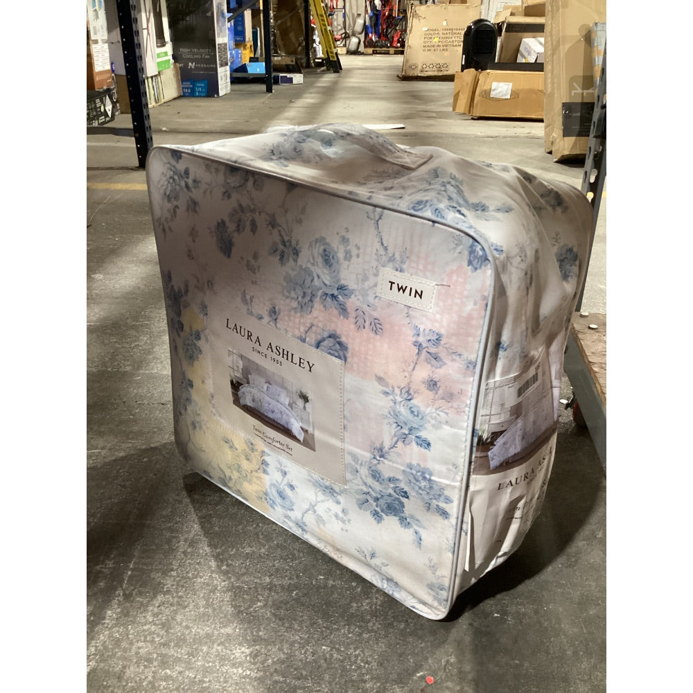 Lot # 1037 Laura Ashley Twin Comforter Set, Elegant Blue and White Floral Pattern