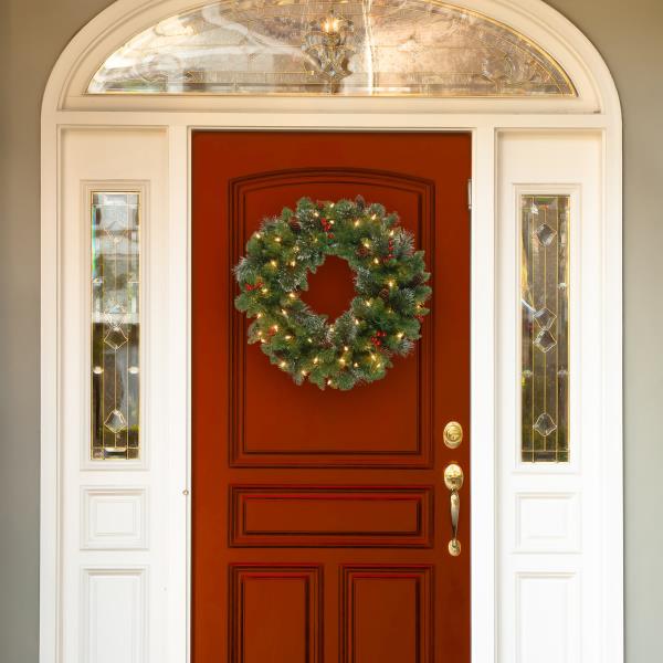Lot # 1598 National Tree Company Pre-Lit Artificial Christmas Wreath, Green, Carolina Pine, White Lights, Decorated with Pine Cones and Glitter, Berry Clusters, Christmas Collection, 30 Inches