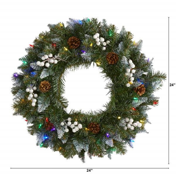 Lot # 1922 Nearly Natural 24in. Snow Tipped Artificial Christmas Wreath with 50 Multicolored LED Lights, White Berries and Pine Cones