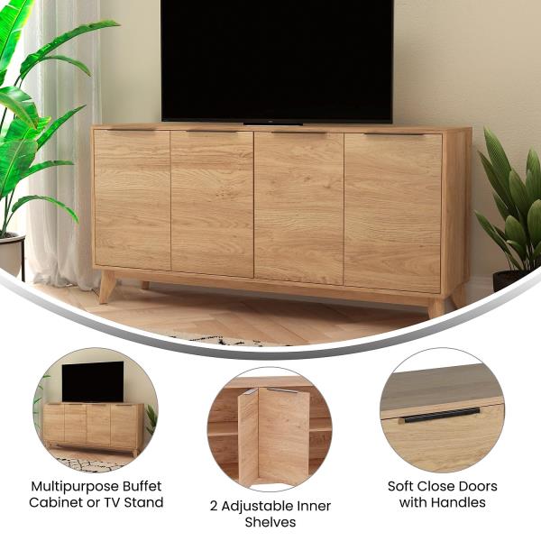 Lot # 1930 Flash Furniture Hatfield Mid-Century Modern 4 Door Storage Buffet - Light Natural Sideboard - 60 Inches - Soft Close Doors - Adjustable Shelves - Holds up to 64" TV's
